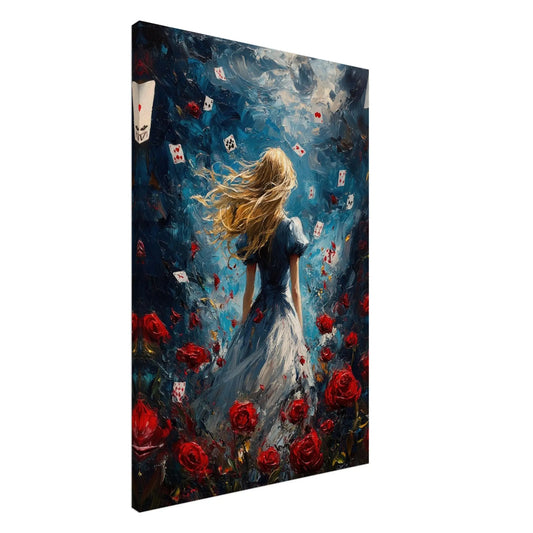 Alice in Wonderland artwork in Van Gogh style with swirling starry background on canvas