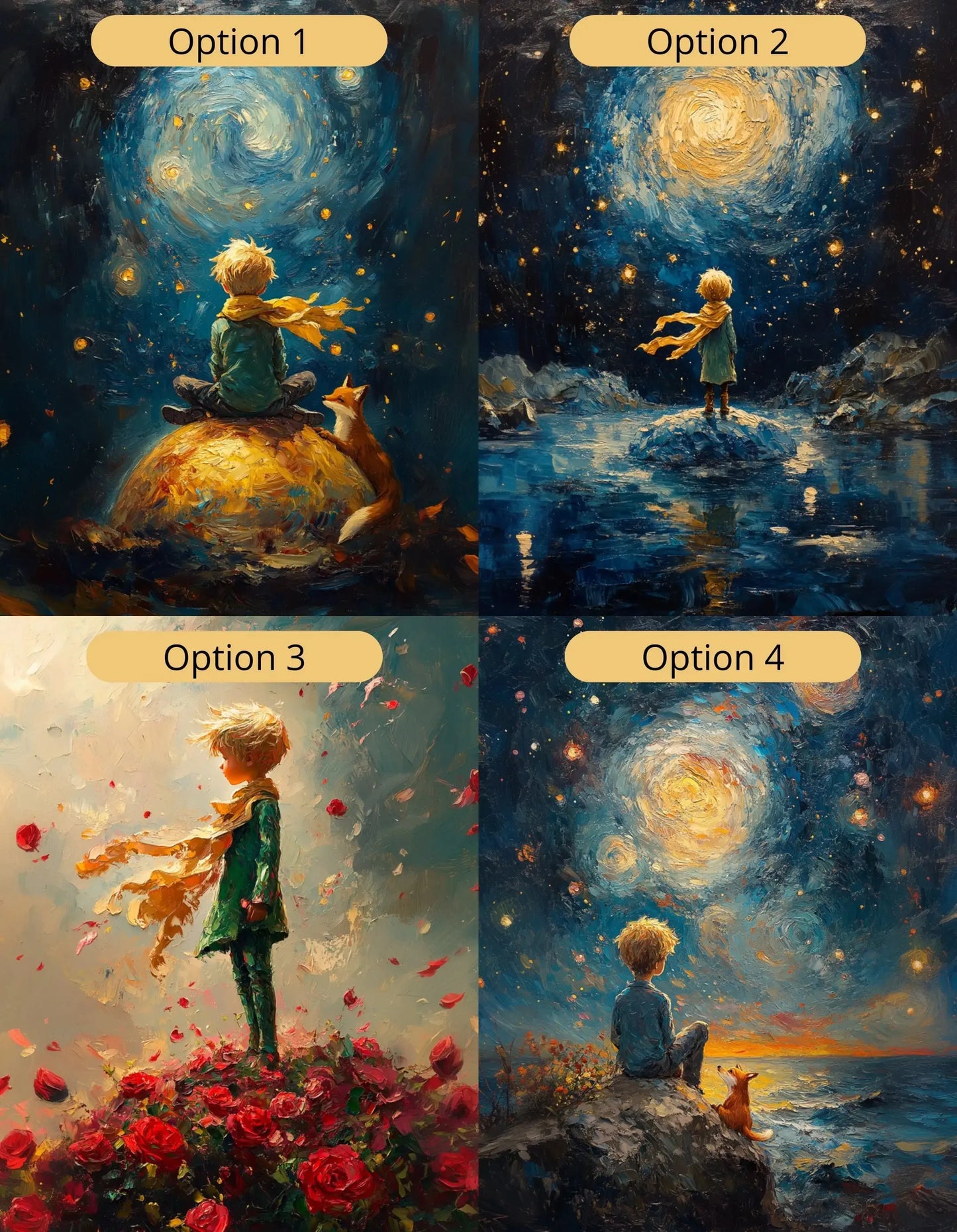 The Little Prince artwork in Van Gogh Starry Night style printed on canvas