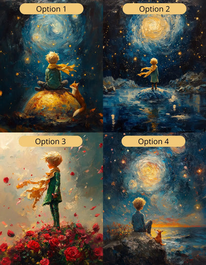 The Little Prince artwork in Van Gogh Starry Night style printed on canvas