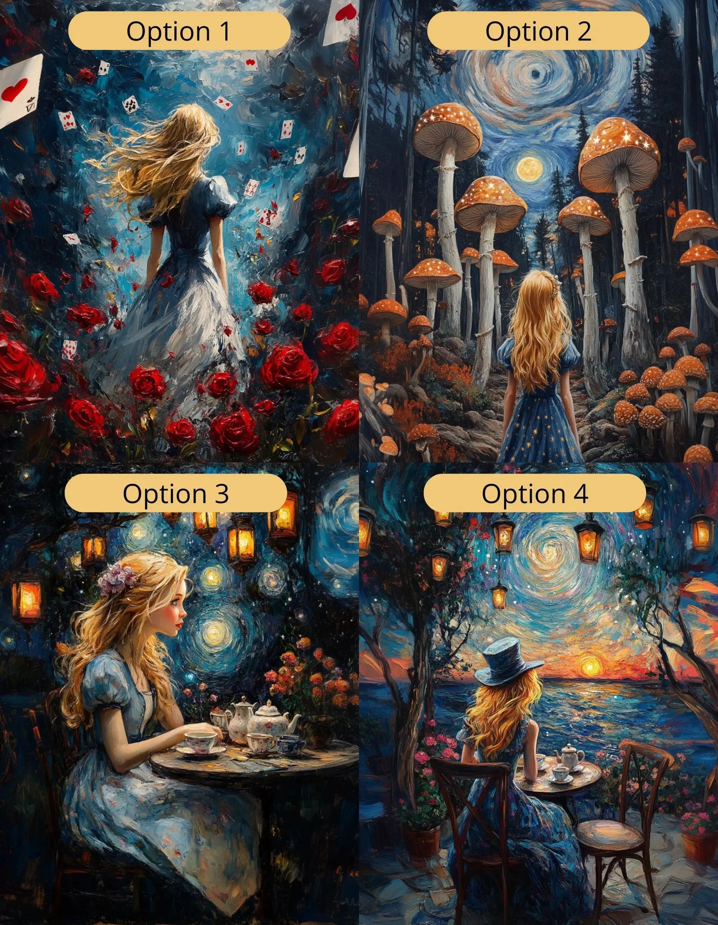 Alice in Wonderland artwork in Van Gogh style with swirling starry background on canvas